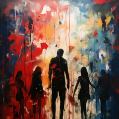 Abstract silhouettes with vibrant color splatter painting