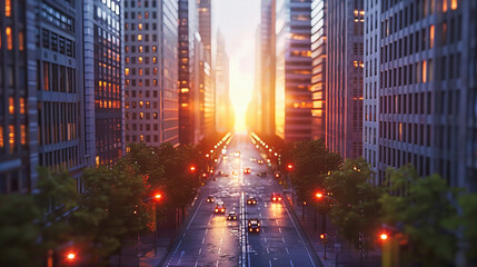 Sunset in Urban City with Busy Street and Traffic, Modern Architecture and Skyscrapers, Travel and...