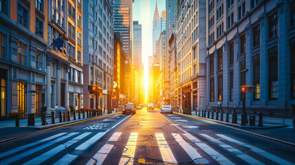 Busy New York City Street at Sunset, Yellow Taxis and Urban Traffic, Skyscrapers and Cityscape,...