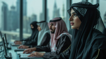photo of a group of 4 proud Saudi Males and Females Professionals planning and managing in ministry of Hajj in a high rise office overseeing the holy mosque in makkah kaaba haram sharif mecca - obrazy, fototapety, plakaty