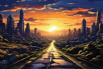 Illustration of a road leading to a beautiful city with a sunset view. Road landscape illustration. Beautiful city landscape illustration background. A road leading to a city in a sunset.       