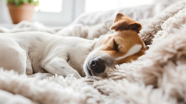 Cute dog sleeping on bed at home. Jack Russell Terriers