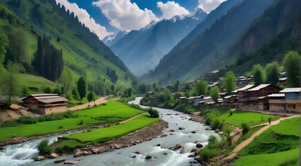 visits to Neelam Valley of Kashmir during the pleasant weather with lush green mountain and the river Neelam 

