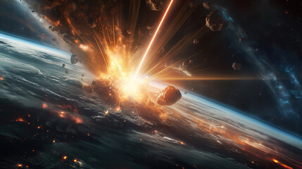 Majestic asteroid being destroyed by a laser shot from Earth