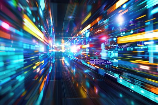 A corridor lined with high-speed digital screens blurs into a spectrum of colors. This image captures the essence of rapid data transmission and virtual velocity