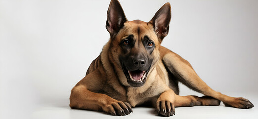Belgian Shepherd dog Malinois and Labrador Retriever together, lying down and isolated on a white background