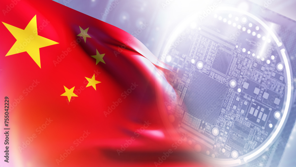 Poster microprocessor made in china. computer board. pcb with china flag. microprocessor blurred. productio