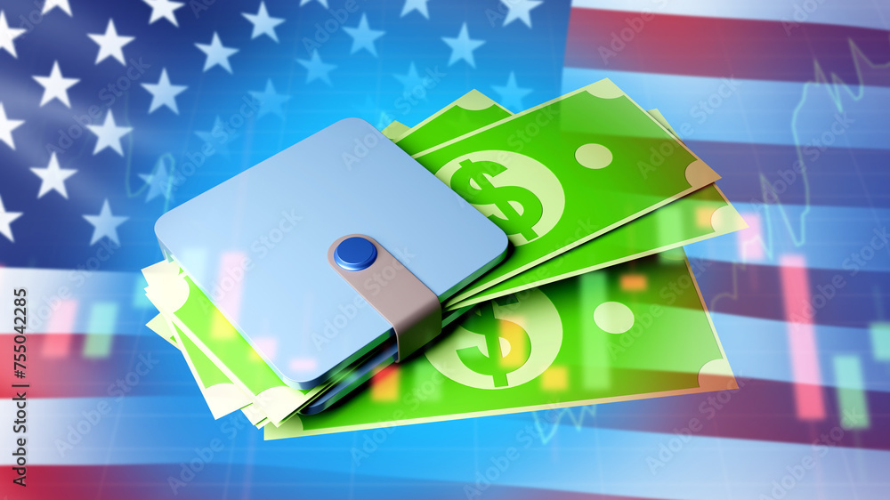 Sticker usa financial system. wallet with dollars. american flag near growing graph. america economic growth