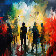 Abstract silhouettes against vibrant splatters