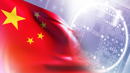 Microprocessor made in China. Computer board. PCB with China flag. Microprocessor blurred. Production of microprocessors in people republic of China. Making motherboards in PCB. 3d image