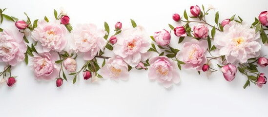 A row of pink blossoms with green leaves, creating a beautiful contrast against the white background. The flowers look like a piece of art in nature