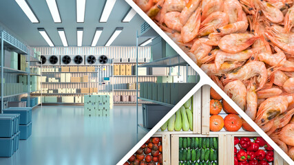 Industrial freezer with food. Frozen shrimp. Fresh vegetables near cold storage warehouse. Storage...