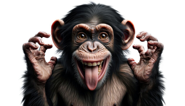 A close-up of a humorous chimpanzee sticking out its tongue, making a playful expression. Playful Chimpanzee Making Faces