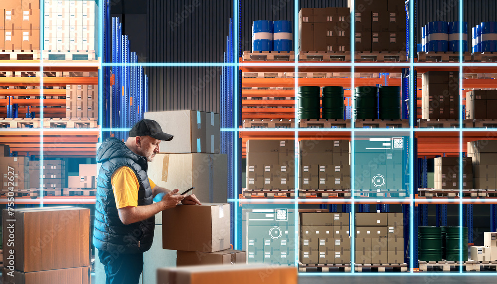 Poster man is standing inside warehouse. storage with machine vision lines. warehouse automation concept. m