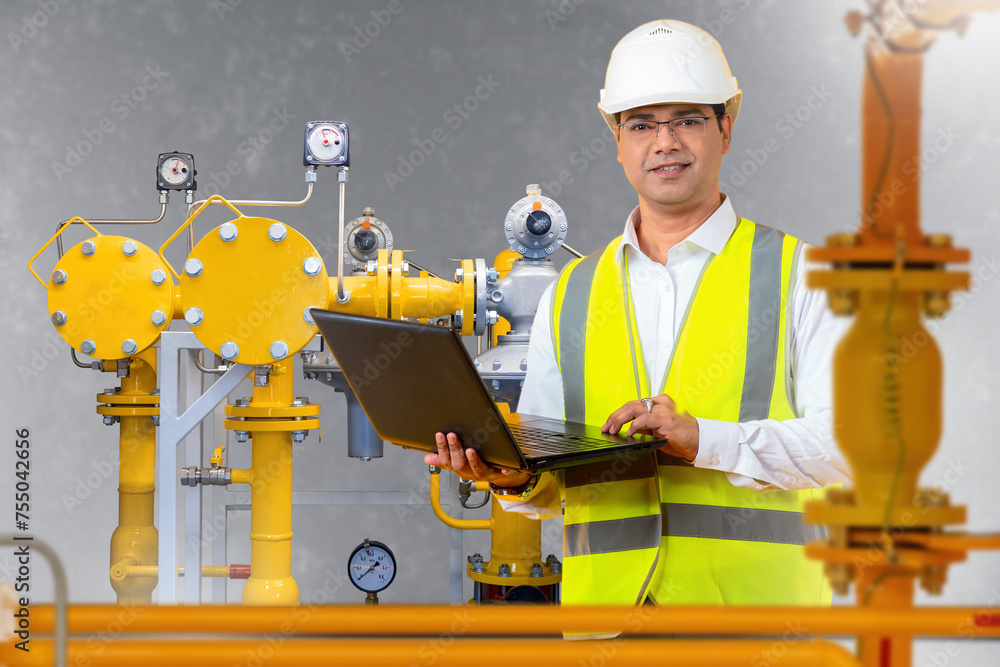 Poster man engineer. worker near gas equipment. guy builder. yellow pipes behind engineer. foreman controls