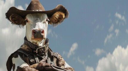 Cow wearing cowboy gear - obrazy, fototapety, plakaty