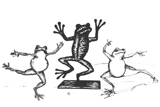 dancing frog sticker. Vintage ball point pen art of frog. frog pencil drawing.