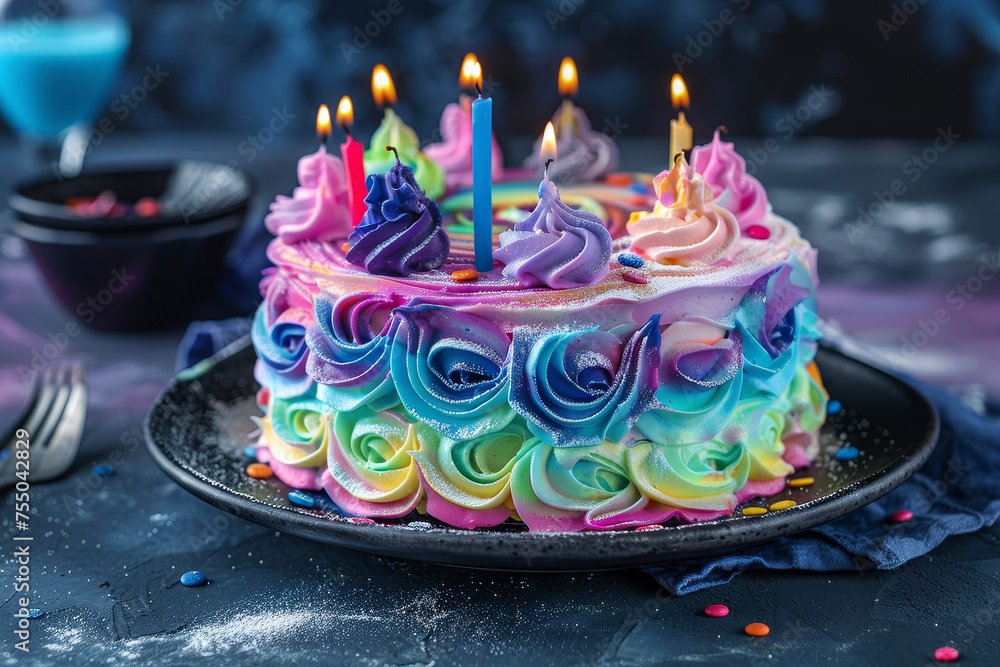 Poster the result of a professional shooting of a cake with a delicious and colorful frosting and candles o