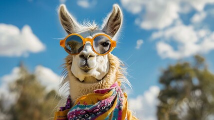 Hipster llama sporting round glasses and a colorful scarf