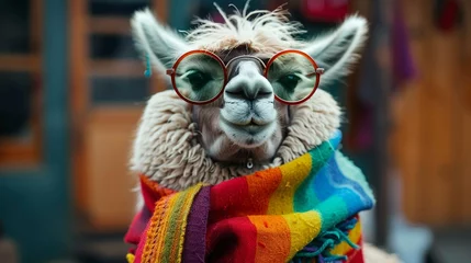 Fotobehang Hipster llama sporting round glasses and a colorful scarf © NIPAPORN
