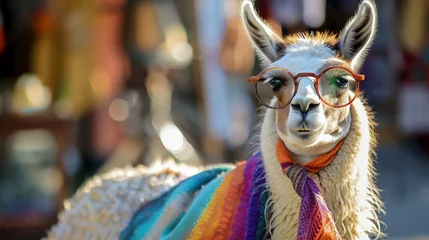 Tuinposter Hipster llama sporting round glasses and a colorful scarf © NIPAPORN