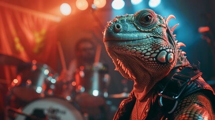 Iguana in a rock band setting