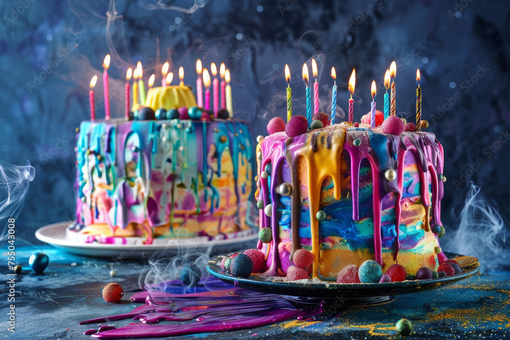 Poster the result of a professional shooting of a cake with a delicious and colorful frosting and candles o