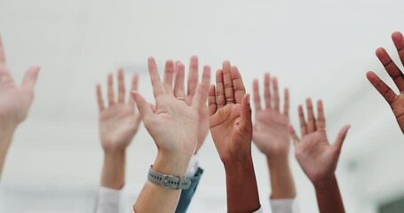 Business, hands and people with questions in presentation, coaching or team building closeup. Palm, attention and team in audience with seminar participation, conference or volunteering zoom gesture