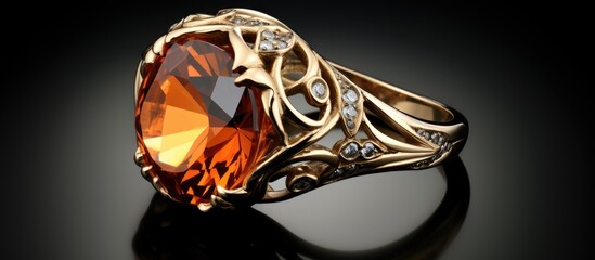 A stunning gold ring featuring a large natural orange stone and diamonds, displayed on a sleek black surface. The contrast of colors creates an artful and elegant fashion accessory