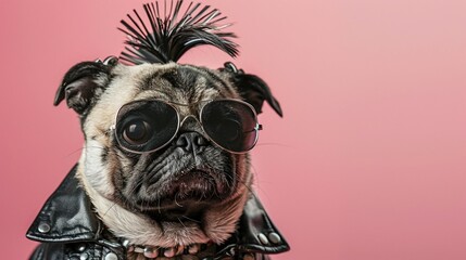 Pug in punk rock attire Mohawk and sunglasses