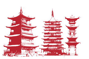 Vintage Chinese temples illustrations. Monocolor chinese buildings illustrations