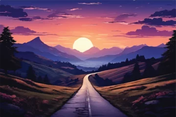 Papier Peint photo Chocolat brun Road landscape with beautiful sunset view illustration. Beautiful Landscape showing view of a road leading to hills. highway drive with beautiful sunset landscape. Road through fields and hills.