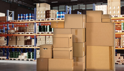 Logistics warehouse inside. Cardboard boxes in storage. Industrial building with storage racks....