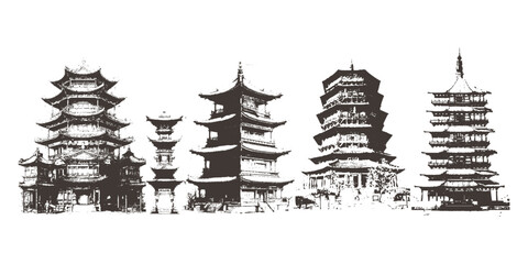 Vintage Chinese temples illustrations. Monocolor chinese buildings illustrations