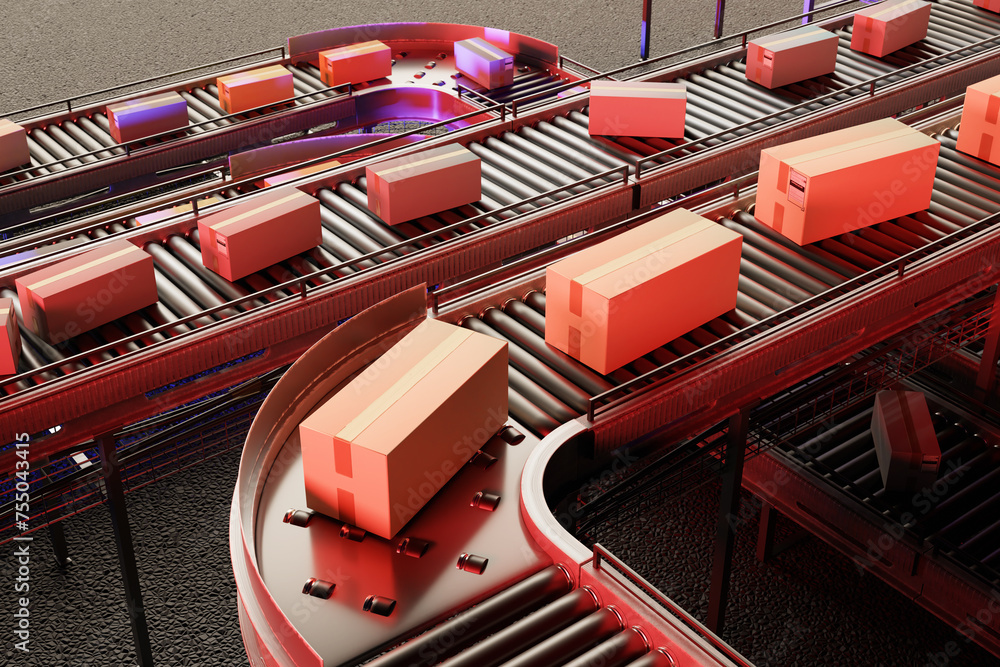 Poster conveyor of manufacturing enterprise. cardboard boxes ride on metal rollers. multi-level conveyor in