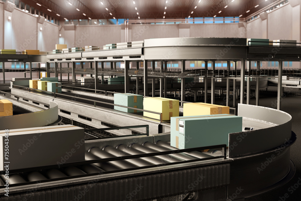 Poster conveyor in fulfillment center. boxes move along production line. conveyor with metal rollers for fu