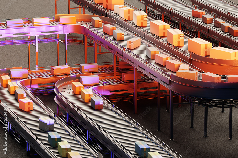 Poster conveyor in distribution center. automatic line for moving parcels. automated distribution warehouse