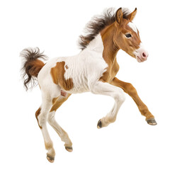 Obraz na płótnie Canvas Cute running pinto foal isolated on white or transparent background, png clipart, design element. Easy to place on any other background.
