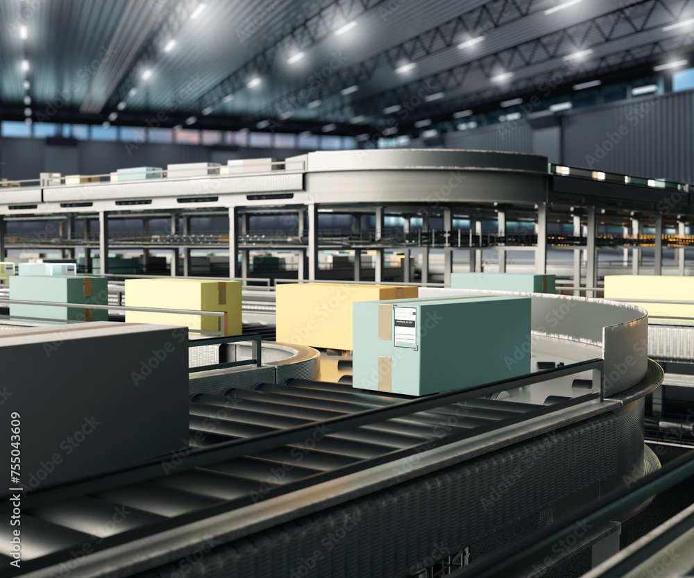 Poster production line with boxes. robotic plants. production line in factory. automated manufactory with c