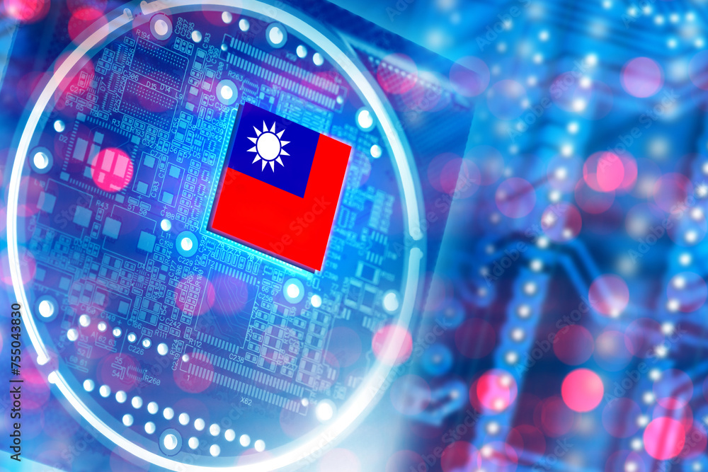 Poster microprocessor made in taiwan. blue microboard. microprocessor with taiwan flag. microelectronics pr