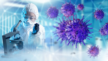 Woman infectious disease specialist. Doctor virologist with microscope. Virus molecules near...