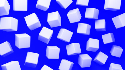 White and blue background. Geometric pattern. Abstract background. Blue texture. Background with white cubes. Geometric backdrop for advertising. Cubes float in zero gravity. 3d image