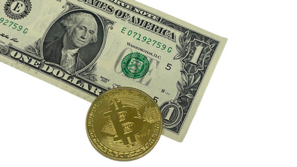 A one dollar bill is positioned next to a golden Bitcoin coin, symbolizing the fusion of traditional fiat currency with digital cryptocurrency.