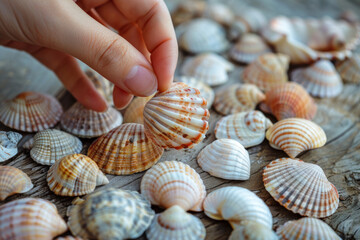 A hand grabbing a shell from a pile on the table, seafood preparation