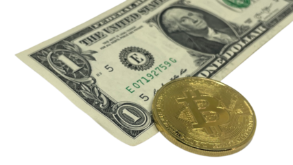 A one dollar bill and a golden Bitcoin coin on a white transparent background, in PNG format, symbolizing the intersection of traditional and digital currencies.