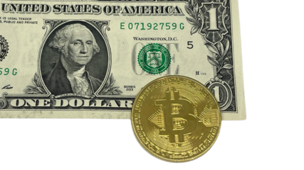 one dollar bill with a golden Bitcoin coin overlaid on top, set against a transparent white background in PNG format, suitable for use in various digital applications.