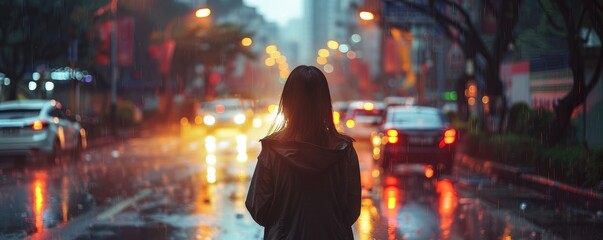 Fototapeta premium Woman standing alone on rainy city street