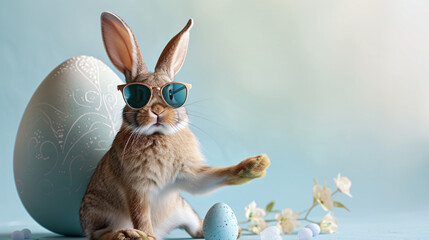Easter bunny wearing sunglasses and Easter eggs on blue background.