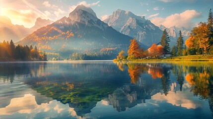 In the serene beauty of autumn, Hintersee lake emerges as a captivating scene. The vibrant hues of the Bavarian Alps, nestled along the Austrian border in Germany, create a picturesque backdrop.