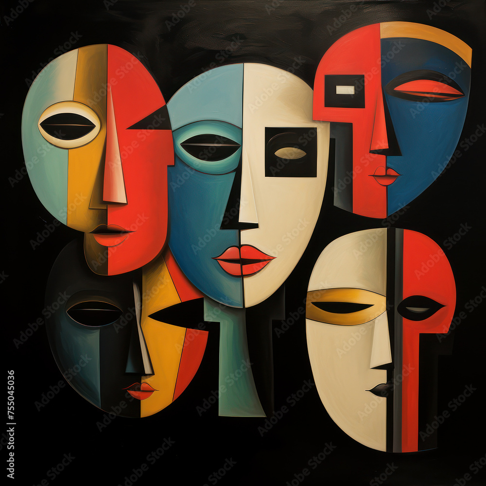 Poster a dynamic abstract cubist portrait blending faces and geometric elements